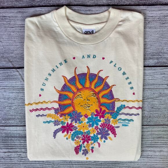 Vintage 1990s Sunshine and Flowers Single Stitch T-shirt - Picture 1 of 8